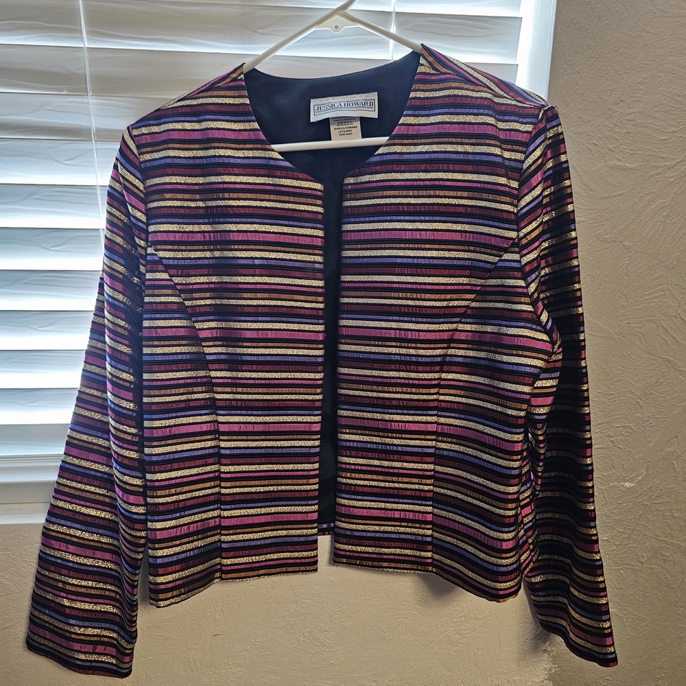 Jessica Howard Striped Metallic Cropped Blazer in Pink, Gold & Black - Picture 5 of 6